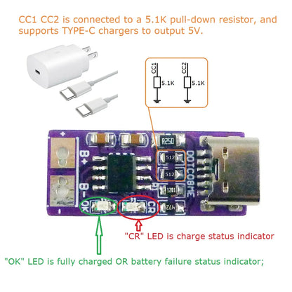 USB-C PD QC FCP 5V to 4.2V 1A Li-ion Li-Po Battery Charger Module for 3.7V 18650 Cells