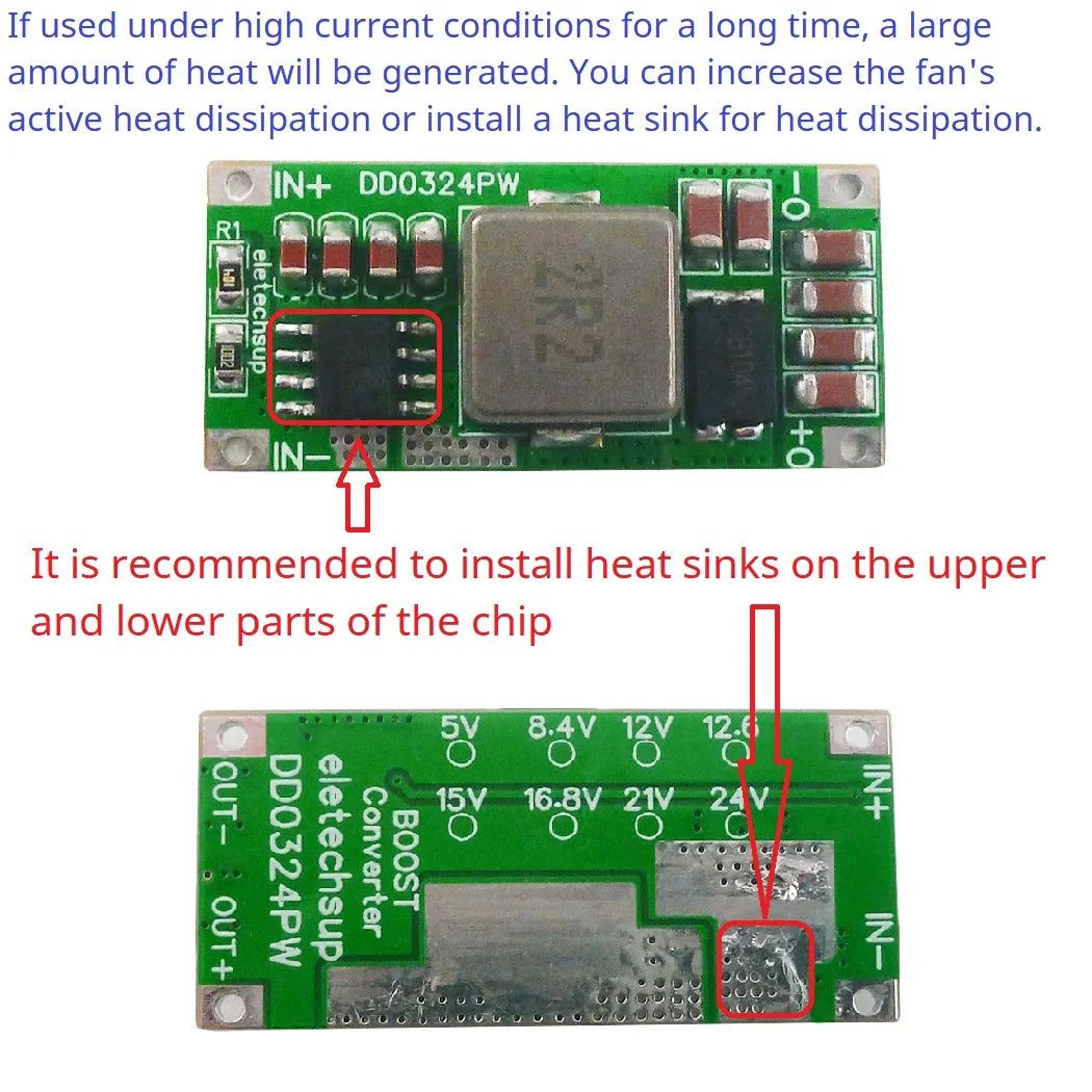 DD0324PW 8A 100W DC-DC Boost Converter – 2.7-5.5V to 8.4V/12.6V/16.8V/21V/24V Step-Up Voltage Regulator for 2-5S Li-ion Battery