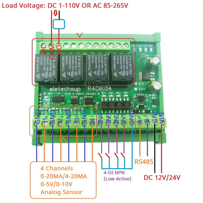 R4DIK04/R4DVI04 4AI-4DI-4DO Mixed IO Module – RS485 Modbus RTU 4-20mA/0-10V Analog Digital Relay Board for PLC Remote IO Expansion