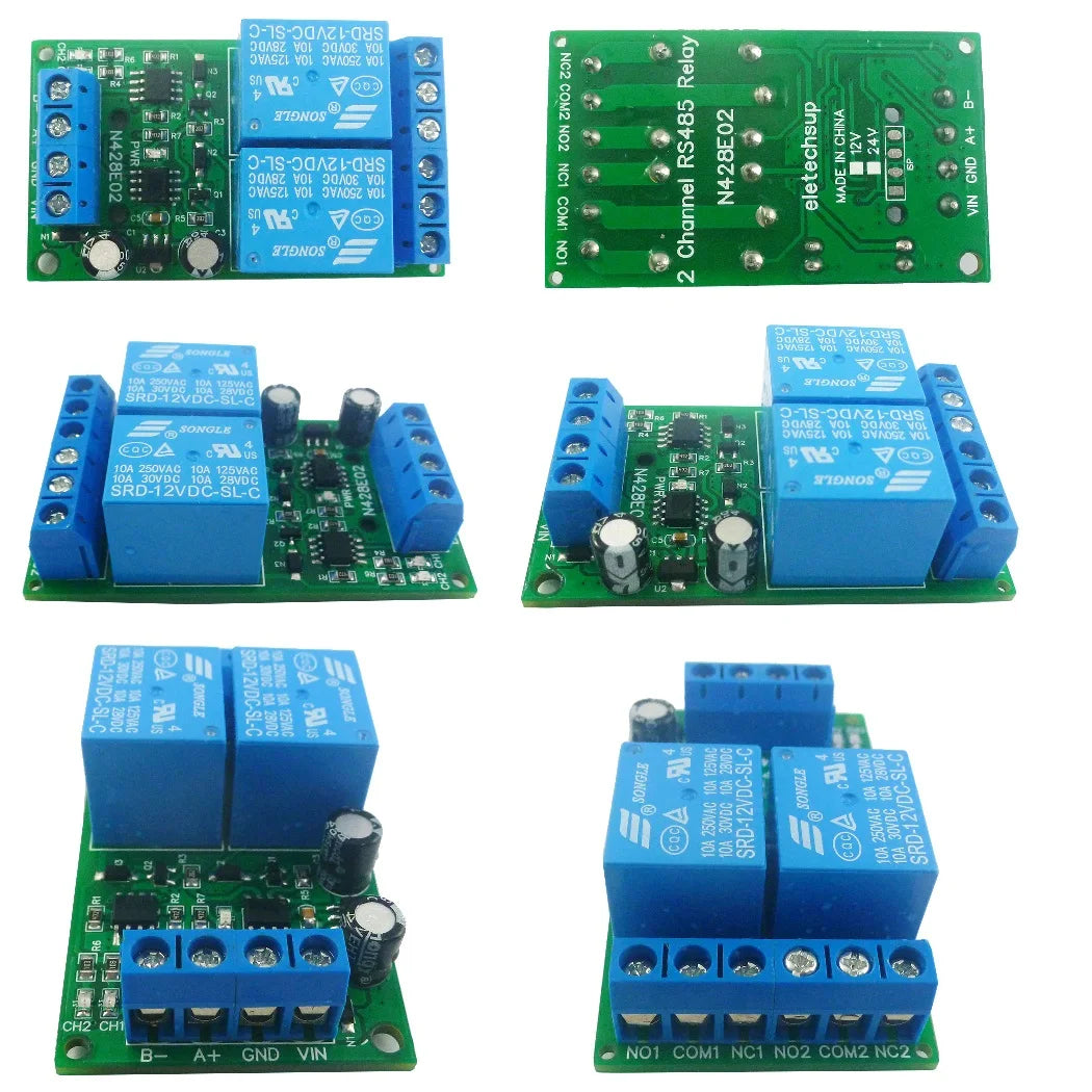 N428E02 2CH RS485 Modbus RTU Relay Module – DC 12V 10A Serial Port Switch Board with 6 Commands for PLC PTZ Motor Industrial Control