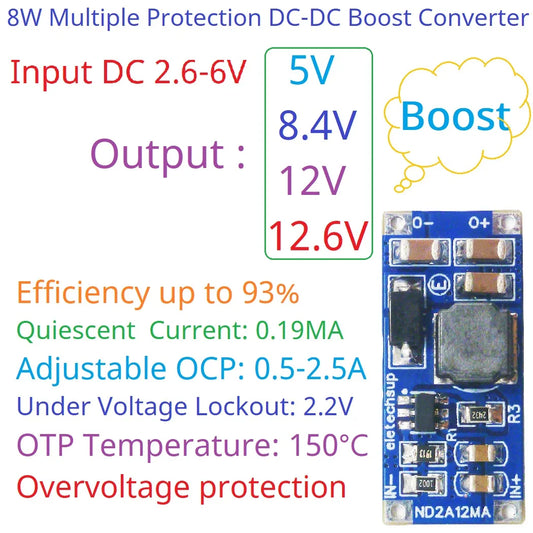 ND2A12MA 8W DC-DC Boost Converter – 2.6-6V to 5V/8.4V/12V Step-Up Module with UVL OTP OVP SCP for LED Li-ion Lipo