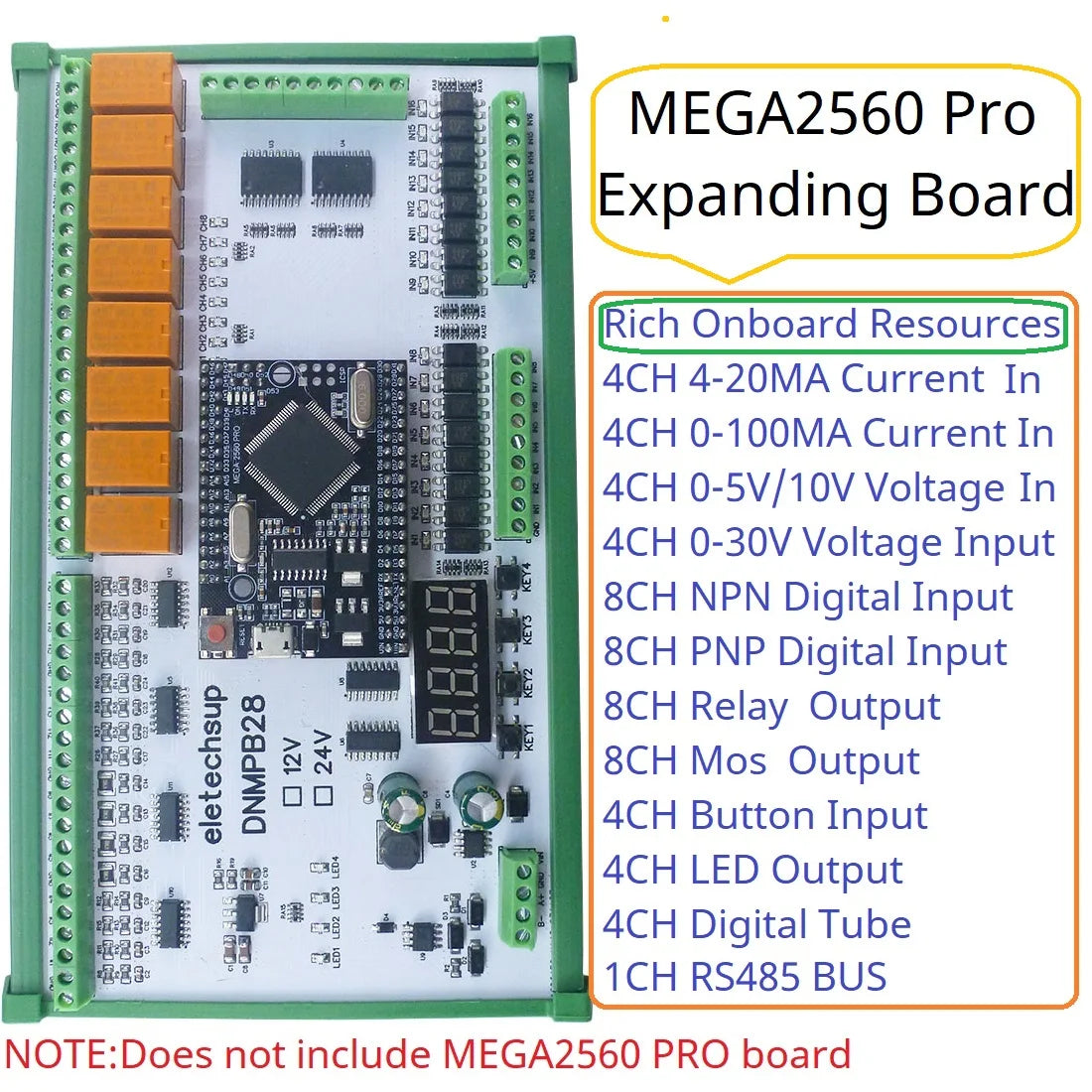 DNMPB28 16AI-16DI-16DO Relay Board for Arduino MEGA2560 Pro – 4-20mA/0-10V Analog Input RS485 Modbus MOS Relay IO Expansion