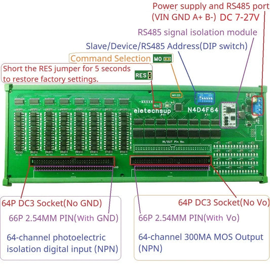 N4D4F64 64-Channel Modbus DI/DO Module, DC 7–27V, Isolated Inputs and Darlington Outputs for PLC, Relay and HMI Control