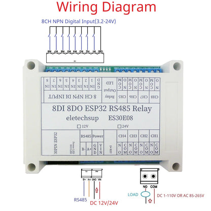 ES30E08 8CH 10A WiFi Relay Expansion Board – 30-Pin ESP32 Programmable Module with RS485 Modbus & 8DI for Smart Home IoT