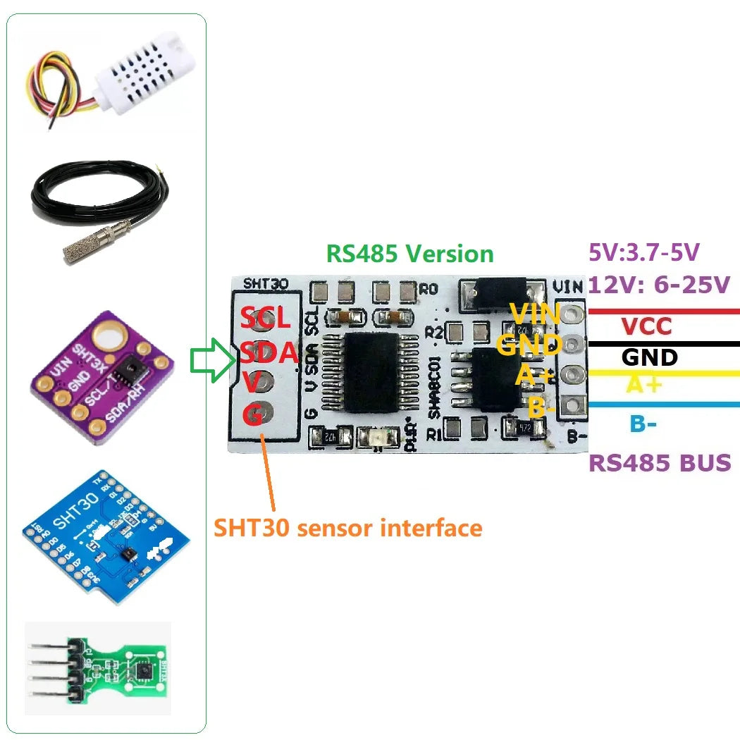 SHT30 Temperature & Humidity Sensor Module – RS485 RS232 TTL Modbus RTU, -40°C to 125°C, 0–100% RH