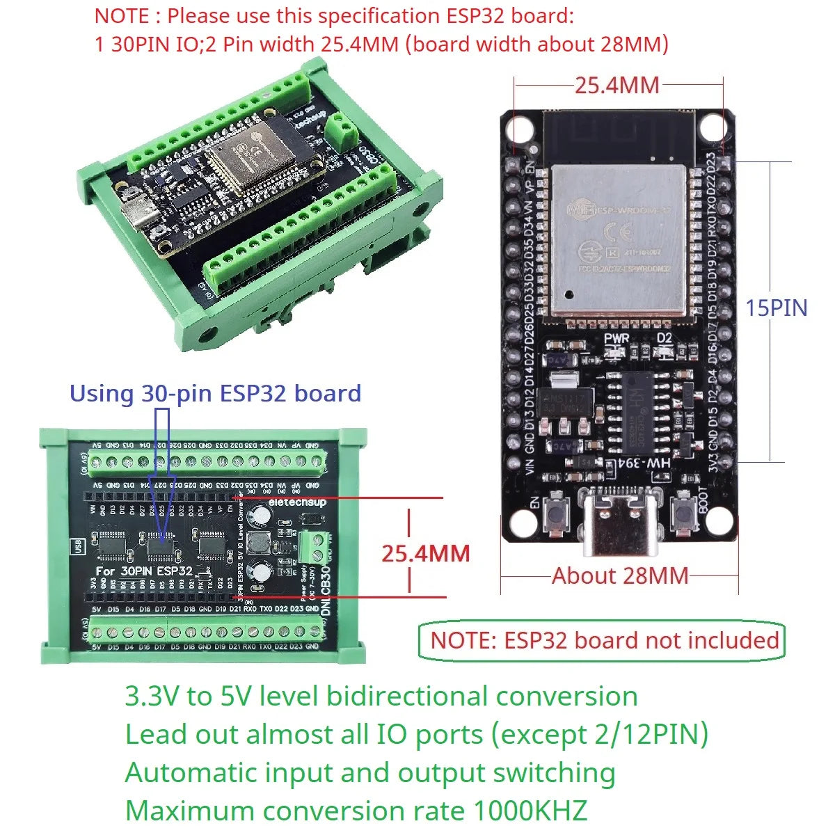 DNLCB30 1MHz Bidirectional Level Converter DIN Rail Board – 3.3V/5V LvTTL to TTL IO Shifter for ESP32 WROOM-32 Arduino IOT