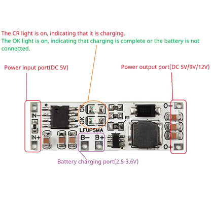 LFUPSMA 2-in-1 LiFePO4 UPS Module – 3.2V to 5V/9V/12V Boost Converter with Battery Charger for Arduino ESP32 ESP8266 WiFi IoT
