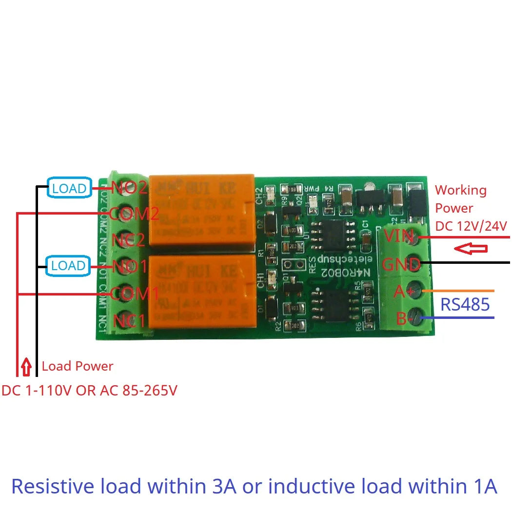 1-2CH 3A RS485 UART Relay Module – DC 12V/24V Serial Port Switch with Modbus RTU for PLC Arduino Smart Home