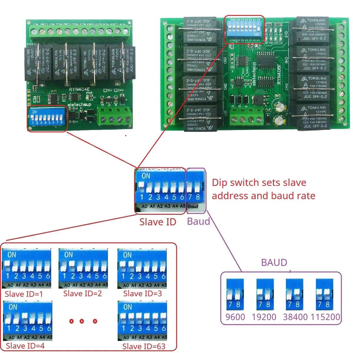 T73 Plug-in Relay Module – RS485 Modbus RTU Remote IO Controller with Momentary Latching Interlock Delay Switch for DIY Smart Home RYN404E/RYN408F