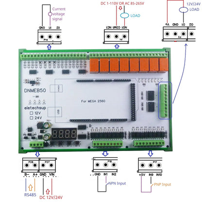 DNMEB50 16AI 16DI 16DO RS485 Modbus I/O and Relay Expansion Board, Compatible with Arduino MEGA 2560 and PLC Control