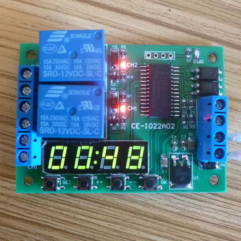 IO22A02 2CH 10A Multifunction Delay Timer Relay – DC 12V 6-Mode Programmable Timer Switch with 99H Range for PLC LED Motor Control