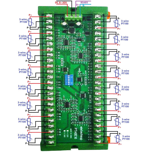 PTA8E16 16CH PT100 Temperature Acquisition Module – DC 12/24V RS485 Modbus RTU Collector Board -40°C to +500°C for Industrial Monitoring PTA8E16
