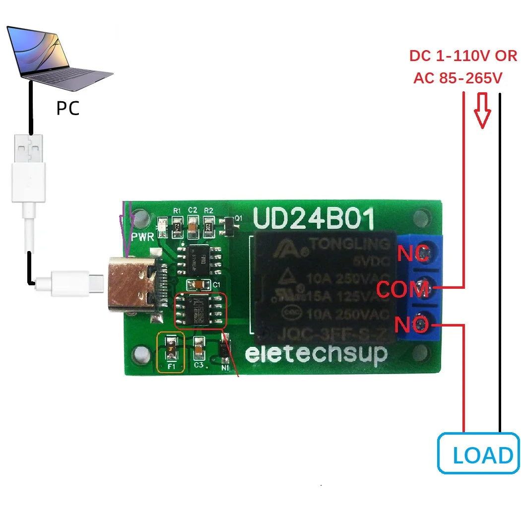 N229E01 1CH USB/TTL232 Relay Module – DC 5V/12V UART Serial Port Switch with Type-C for Arduino MEGA Raspberry Pi PC Control