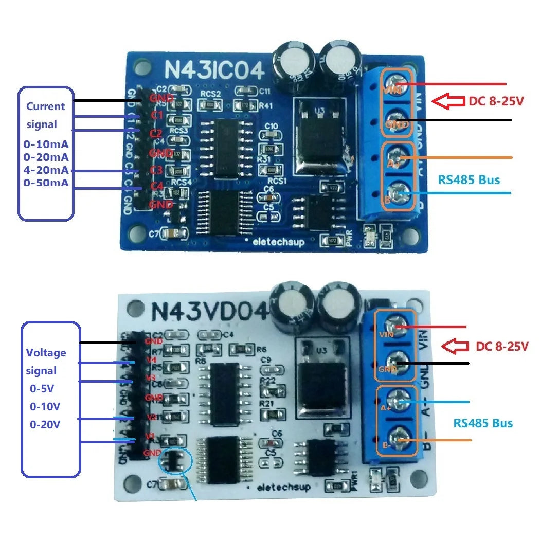 N43VD04/N43IC04 4CH 4-20mA/0-10V Analog Input Module – RS485 Modbus RTU ADC Data Acquisition Board for PLC SCADA Industrial Automation