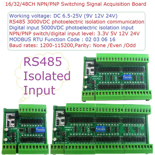 24DIA16/24DIB32/24DIC48 16-48CH Digital Input Module – NPN/PNP Switch PLC IO Expansion Board with 3000VDC Isolation RS485 Modbus RTU