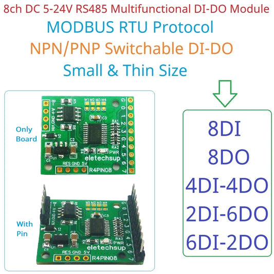 R4PIN08 8CH Multifunction RS485 IO Core Board – 2.54mm Pin Configurable Digital Input Output Module Modbus RTU for PLC HMI Remote IO Expansion