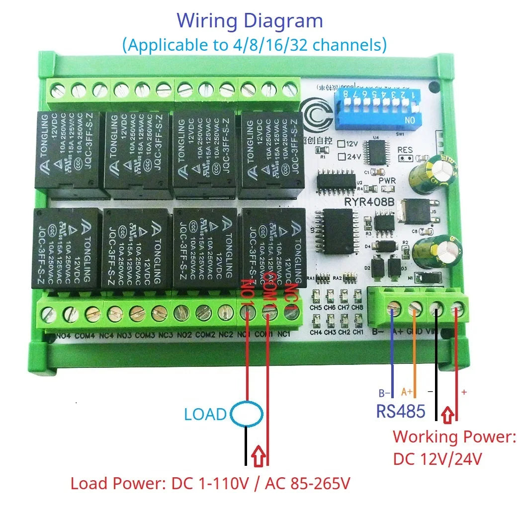 RYR404 RYR408B RYR416C RYR432D 4–32 Channel RS485 Relay Module, DC 12V/24V, Modbus RTU Control Board for PLC and HMI
