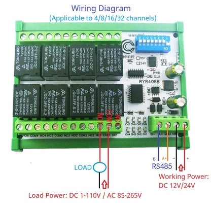 RYR404 RYR408B RYR416C RYR432D 4–32 Channel RS485 Relay Module, DC 12V/24V, Modbus RTU Control Board for PLC and HMI