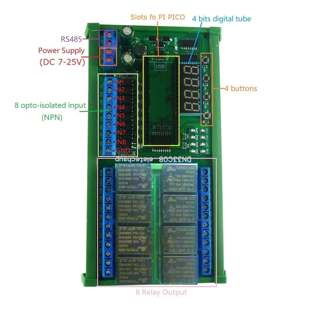 DN33C08 8CH RS485 Modbus RTU Relay Module – Multifunction Timer Expansion Board for Raspberry Pi Pico Simple PLC Python C++