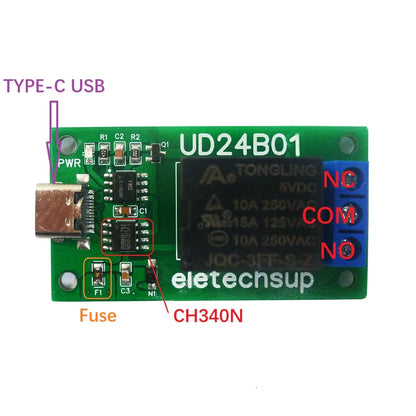 N229E01 1CH USB/TTL232 Relay Module – DC 5V/12V UART Serial Port Switch with Type-C for Arduino MEGA Raspberry Pi PC Control