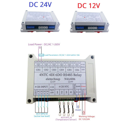 N4A4I06 4AI-4DI-6DO NTC Temperature Collector – 14CH RS485 Modbus RTU PLC IO Expansion Board with 10A Relay Output for Industrial Automation