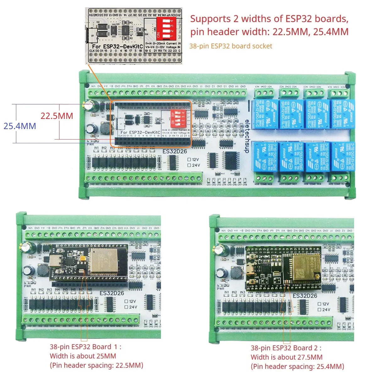 ES32D26 ESP32 Industrial IO Board – 8AI 8DI 8DO 2AO WiFi Relay Module with 4-20mA/0-10V for Smart Home IoT Simple PLC