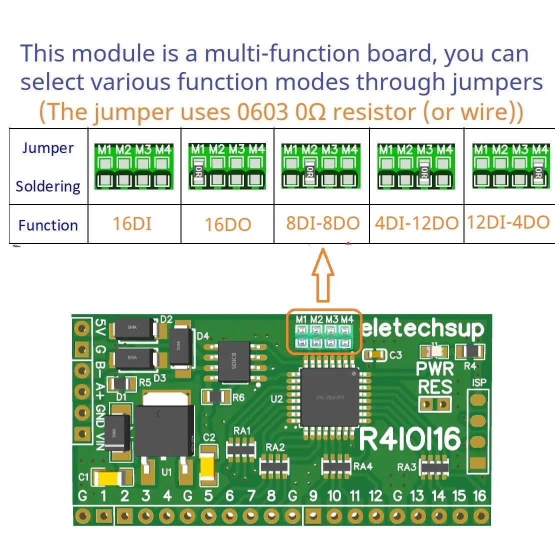 R4IOI16 16CH 5-in-1 Configurable Modbus RTU Digital IO Module – 16DI/16DO/8DI-8DO/4DI-12DO/12DI-4DO RS485 NPN/PNP Pin Core Board for PLC Expansion