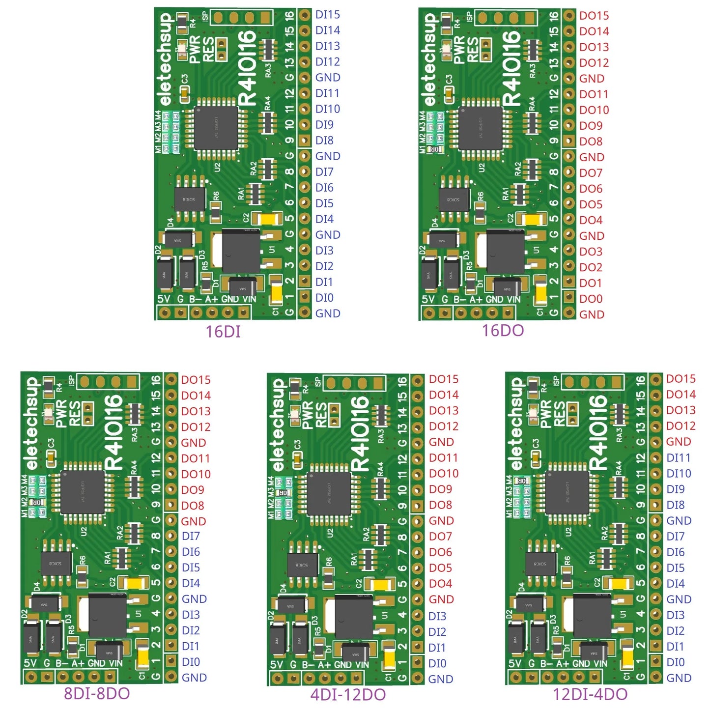 Modbus RTU Digital I/O RS485 Board – 16DI/16DO/8DI-8DO/4DI-12DO/12DI-4DO Selectable for Arduino ESP32 ESP8266 PLC Smart Home