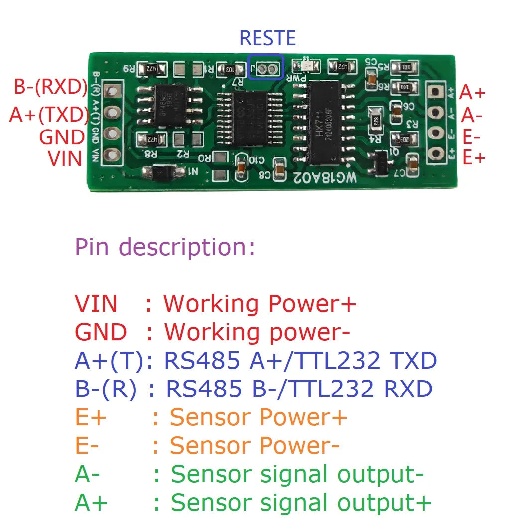 WG18A02 HX711 RS485 Modbus RTU Weight Sensor Module – 24-bit ADC Electronic Scale Board with 5V/12V Input for PLC SCADA