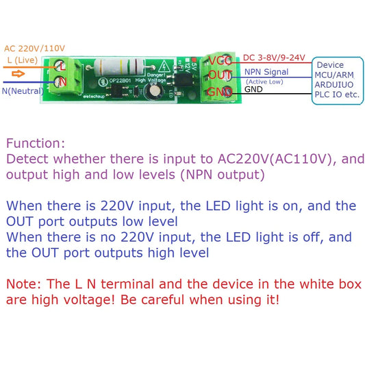 OP22B01 AC Voltage Detection Module – 110/220V Mains Power ON/OFF Sensor with 3-24V NPN/PNP Output for Arduino ESP8266 PLC STM32