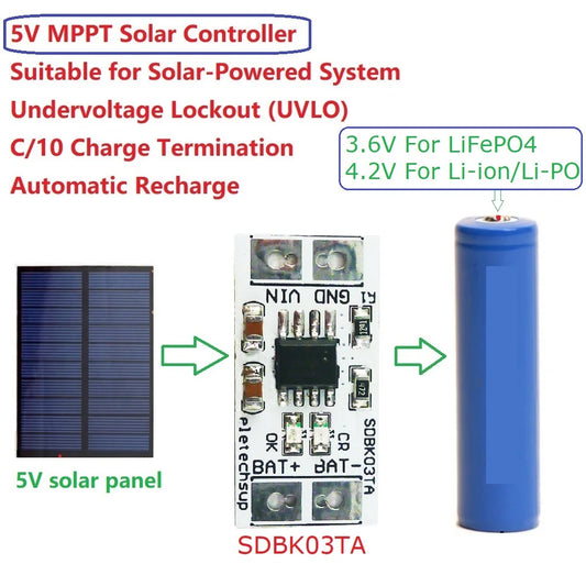 SDBK03TA Mini MPPT Solar Charge Controller – 4.2V/3.7V/3.6V/3.2V Selectable Charger Module with 5V 1A Output for Li-Ion / Li-PO / LiFePO4 Battery