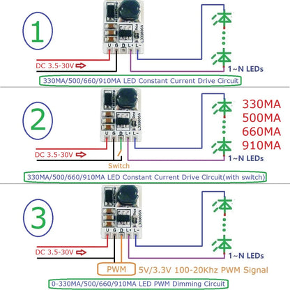 LD3080SA 20W Constant Current LED Driver – DC 3.7-30V PWM Dimming Module with 330/500/660/910mA Selectable Output for Flashlight Headlight