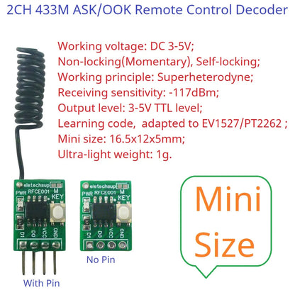 RFCE001 Mini 2CH 433M UHF Wireless Receiver – EV1527/PT2262/2264 Decoder Module with ASK OOK Learning & Fixed Code for Smart Home