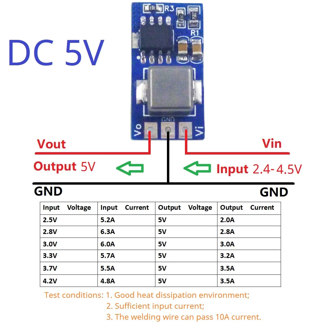 ND3A05SD 17W Synchronous Boost Converter – 2.4-4.5V to 5V/3.5A Step-Up DC-DC Module with 91% Efficiency for Arduino ESP32 Li-ion Battery