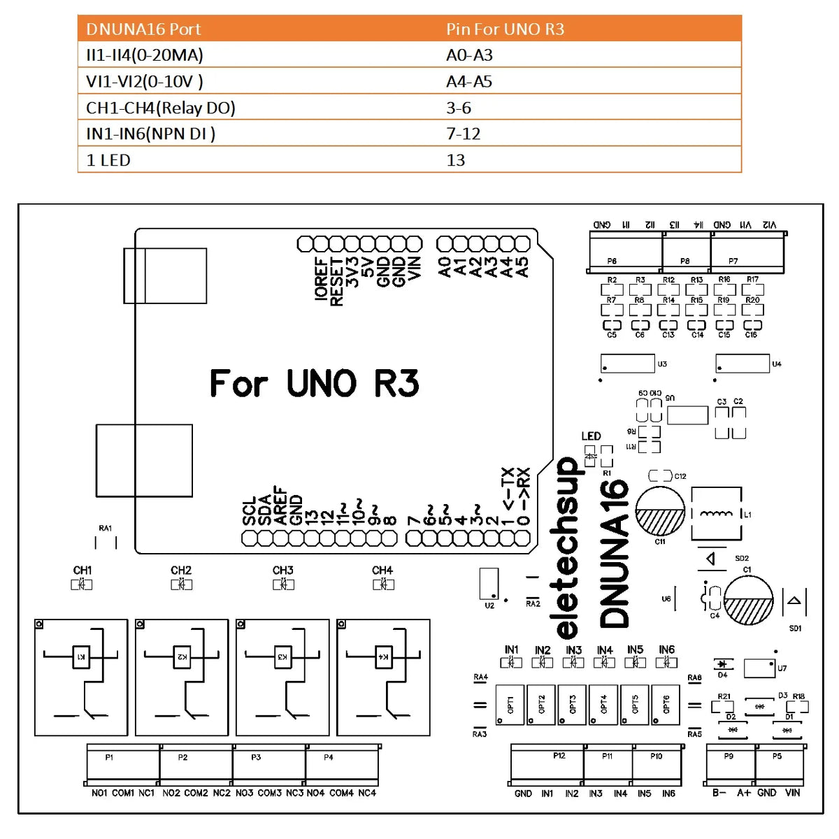 DNUNA16 DIN Rail Analog Digital IO Expansion Board – 6DI-4DO-6AI RS485 Module for Arduino UNO Simple PLC DIY