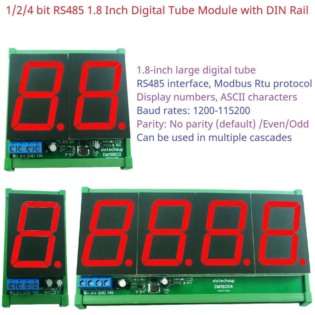 DM18A01 DM18B02 DM18C04 1.8 RS485 Modbus RTU LED Display Module – DC 12V/24V Digital Tube Panel Meter for PLC HMI Industrial Automation