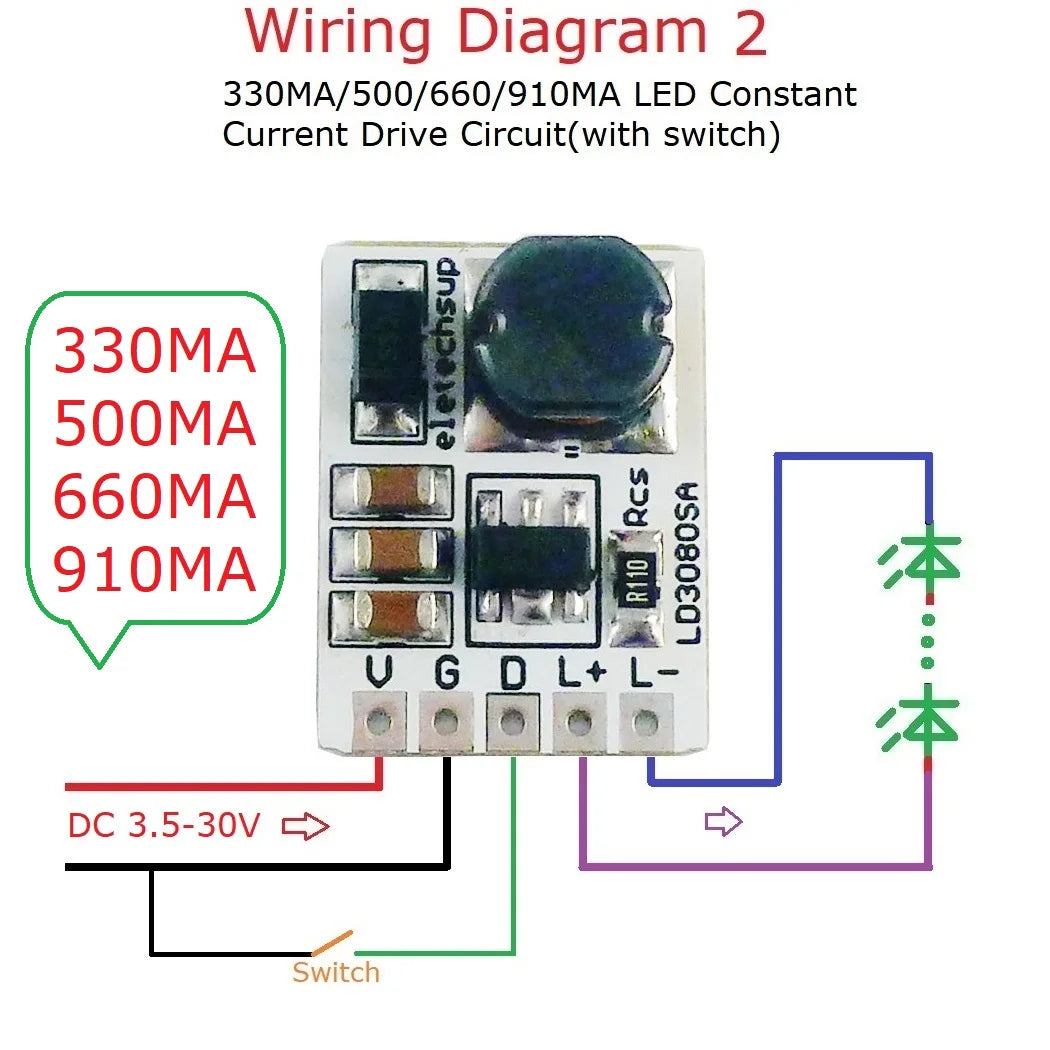 LD3080SA 20W Constant Current LED Driver – DC 3.7-30V PWM Dimming Module with 330/500/660/910mA Selectable Output for Flashlight Headlight