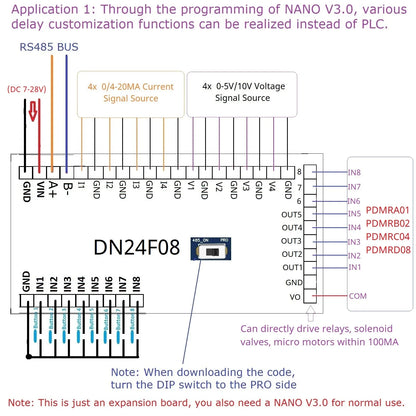 DN23E08/DN24F08 8DI-8AI-8DO IO Expansion Board for Arduino Nano V3.0 – RS485 Modbus RTU PLC Module with 4-20mA/0-10V Analog Input