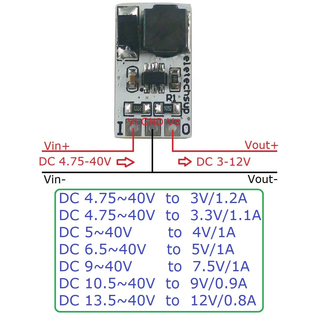DD4012SA 1A DC-DC Buck Converter – 5-40V to 3V/3.3V/5V/12V Adjustable Step-Down Module for 18650 Li-ion LiFePO4 Battery Power