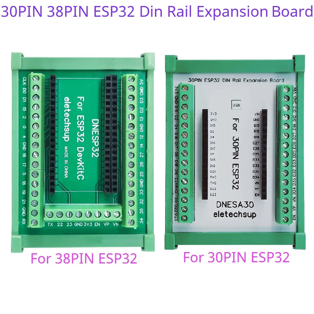 DNESA30/DNESP32 DIN Rail Mount Screw Terminal Adapter – 3.96mm Breakout Board for 30/38-Pin ESP32 WROOM-32 DevKitC with DIN35/C45 Rail