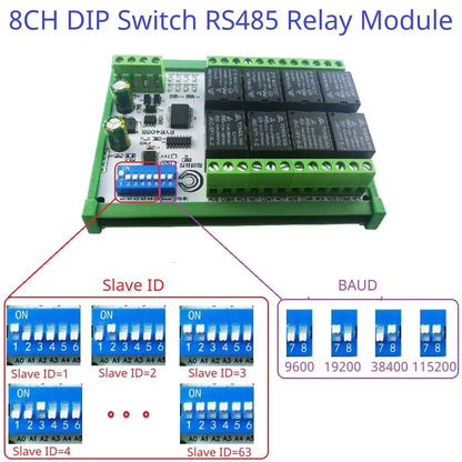 RYR408B 8CH 10A RS485 Relay Module – DIP Switch Configurable Modbus RTU PLC Remote IO Board with 8 Commands for Industrial Automation
