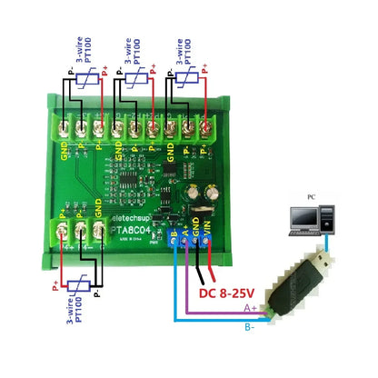 PTA8C04 4CH PT100 RTD Temperature Module – -40~500°C RS485 Modbus RTU Platinum Thermal Resistance Collector for PLC SCADA