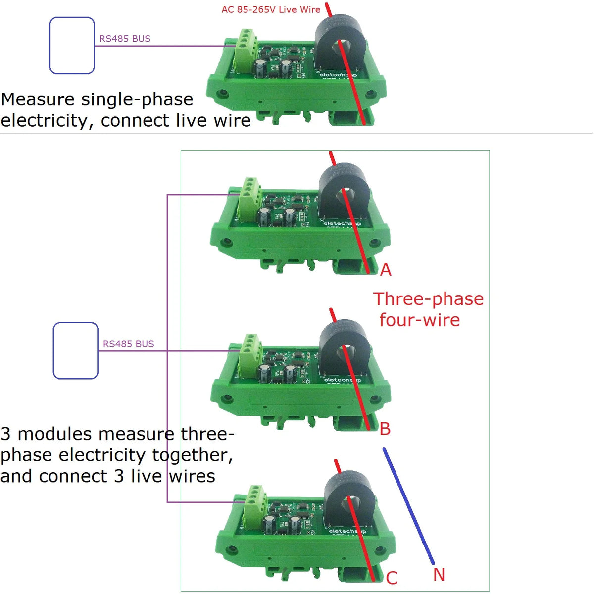 CTR4A01 RS485 AC Current Measurement Module for 110V/220V 50/60Hz, Current Transformer Ammeter Interface for PLC