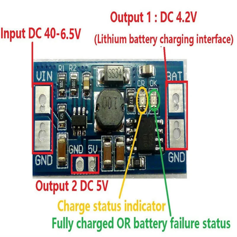 DD40CRTA 2-in-1 Charger & Buck Converter – DC 6.5-40V to 4.2V/5V Step-Down Module with 1A Output for 18650 Li-ion Solar DIY