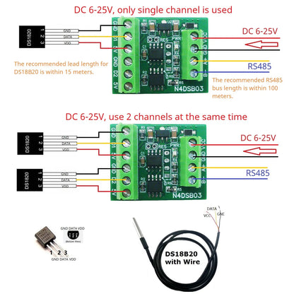 N4DSB03 2-Channel DS18B20 Temperature Acquisition Module, RS485 Modbus, -55°C to 125°C Remote I/O Adapter for PLC and HMI