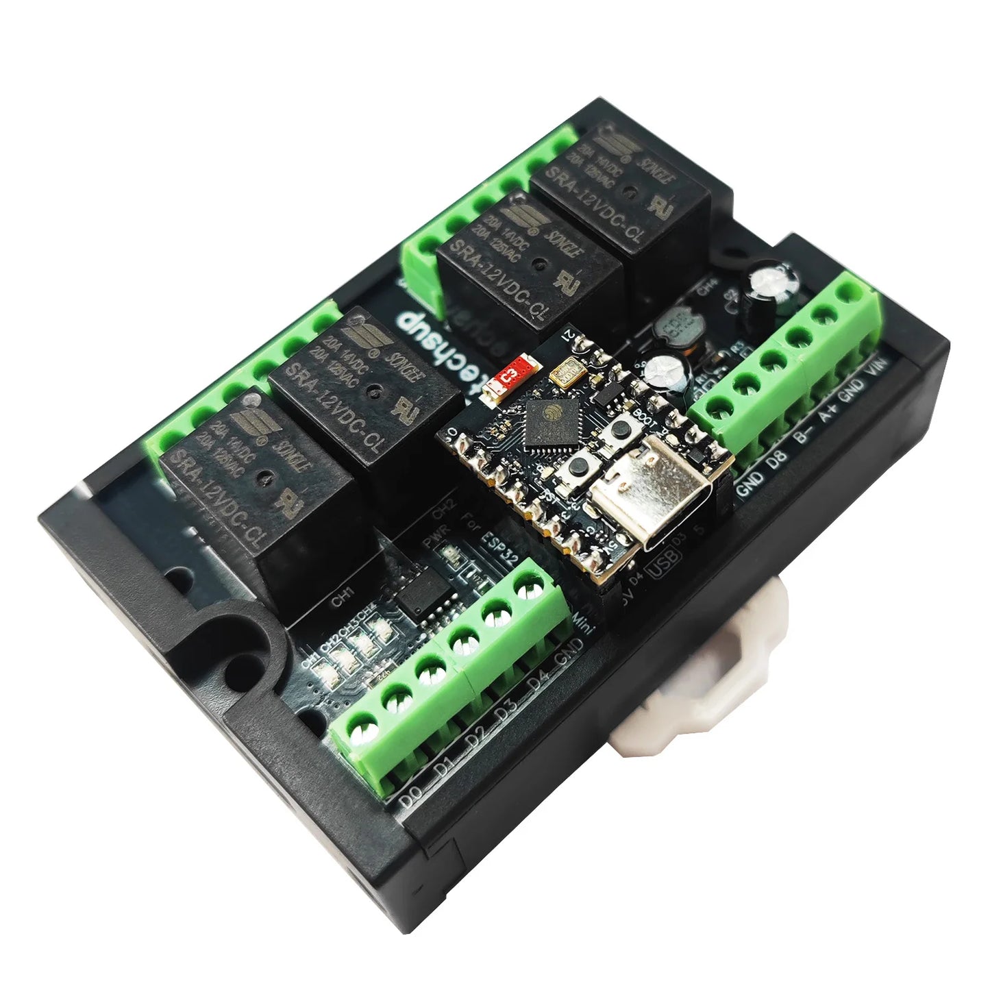 ESC3E05 RISC-V ESP32-C3 Development Board – 4CH Relay RS485 DIN Rail Module with Wi-Fi BLE for Industrial IoT Smart Home PLC