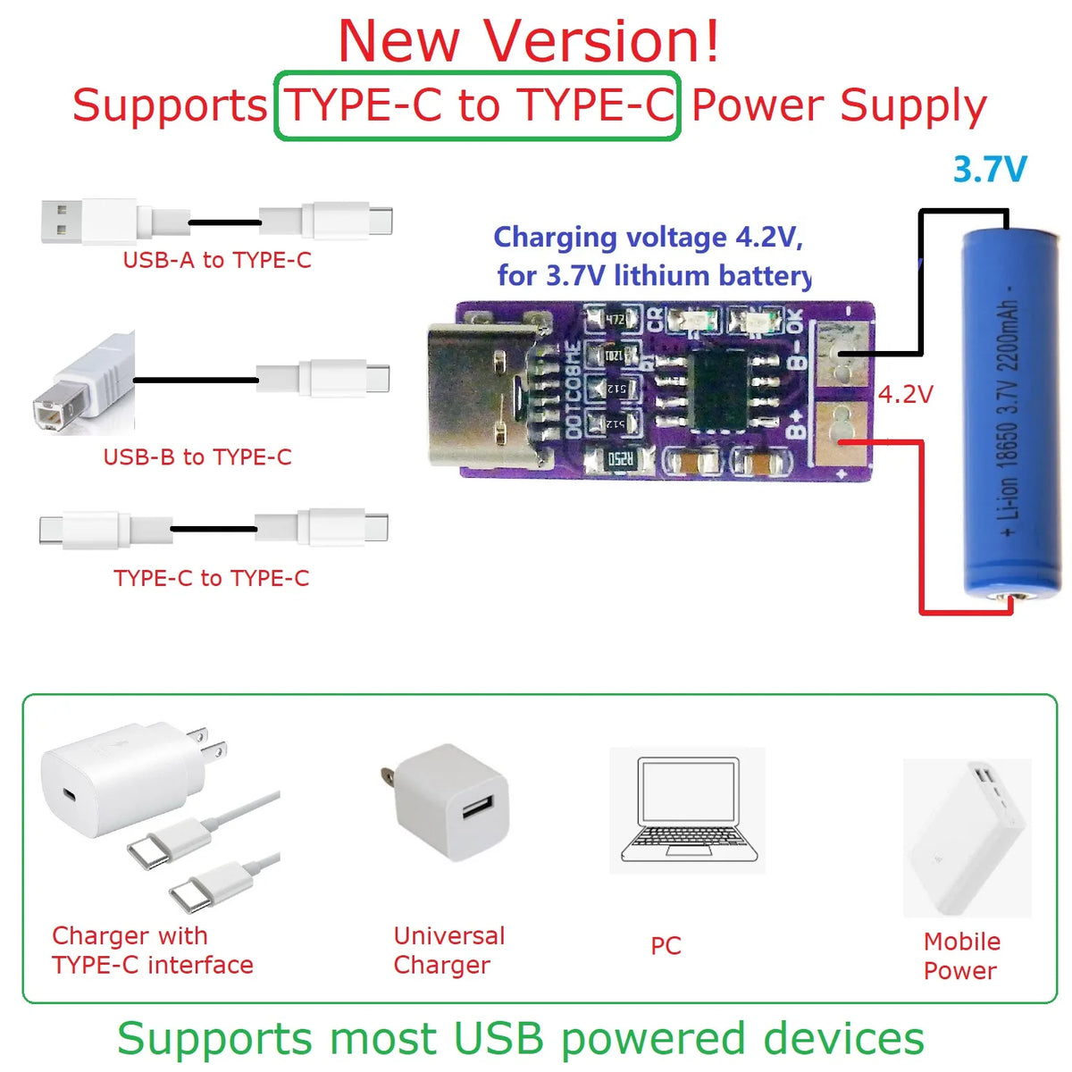 USB-C PD QC FCP 5V to 4.2V 1A Li-ion Li-Po Battery Charger Module for 3.7V 18650 Cells