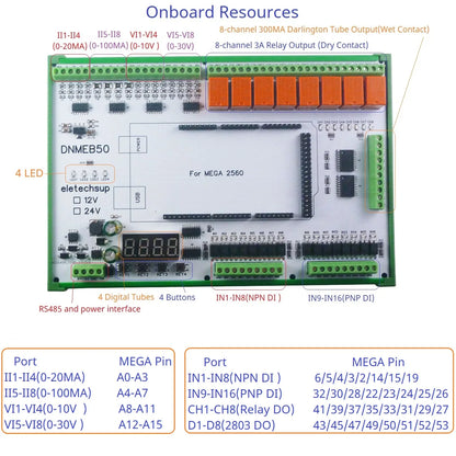 DNMEB50 16AI 16DI 16DO RS485 Modbus I/O and Relay Expansion Board, Compatible with Arduino MEGA 2560 and PLC Control