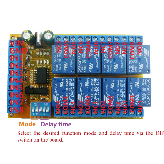 IO25E08 8CH Multifunction Relay Module – DC 5V/12V/24V Power Conditioner Sequencer with Interlock Latch Self-locking Momentary Modes
