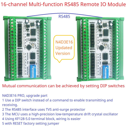 N4D3E16_PRO 16CH Bidirectional Digital IO Module – RS485 Modbus RTU Full-Duplex Transparent Transmission DIP Switch Board for PLC Expansion